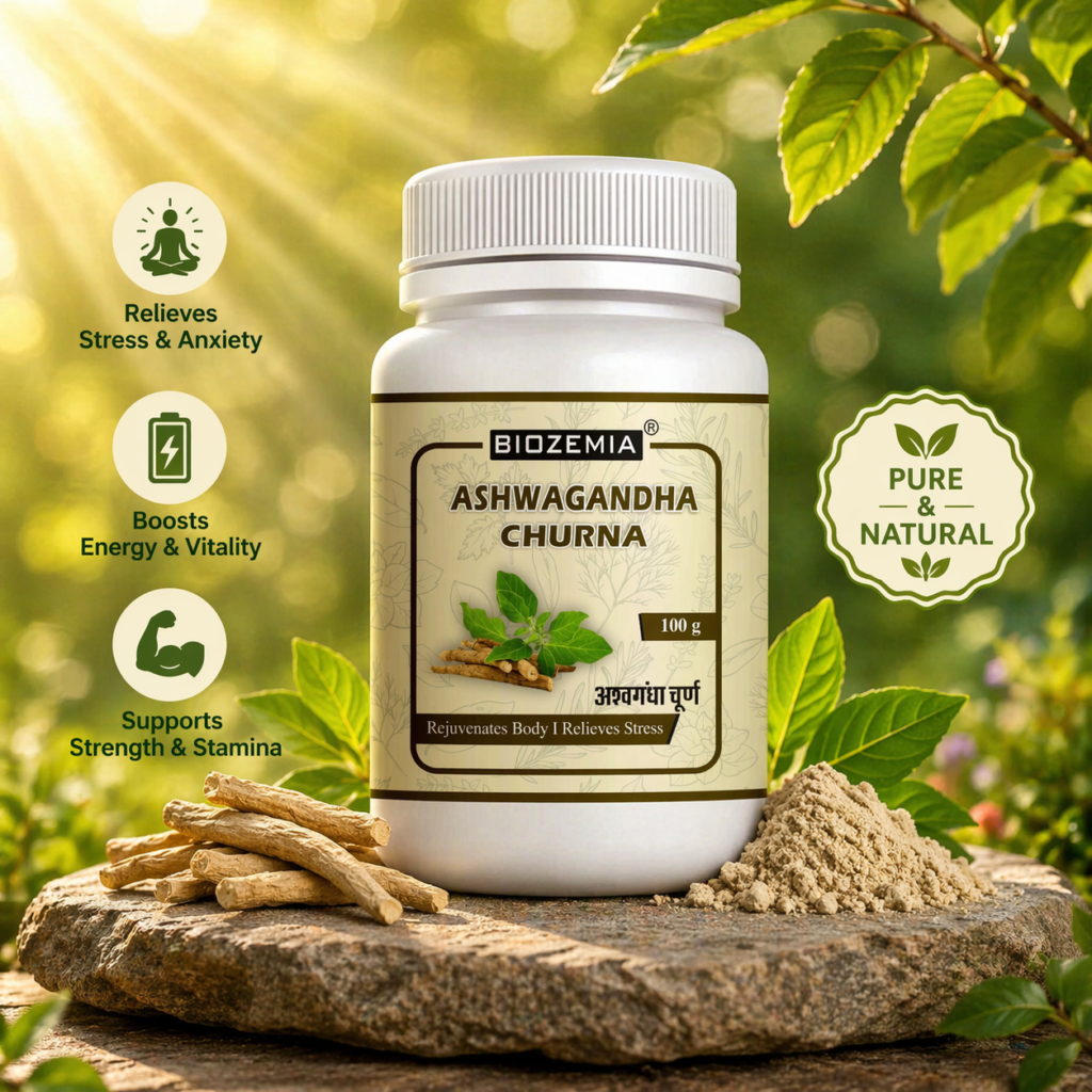 BIOZEMIA ASHWAGANDHA CHURNA POWDER | Ayurvedic Herbal Wellness Supplement | Natural Stress Relief & Energy Support | Daily Vitality Care Powder | 100g
